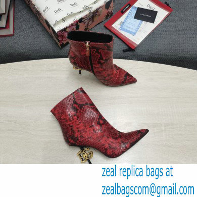 Dolce  &  Gabbana Thin Heel 10.5cm Leather Ankle Boots Snake Print Red with Baroque DG Heel 2021